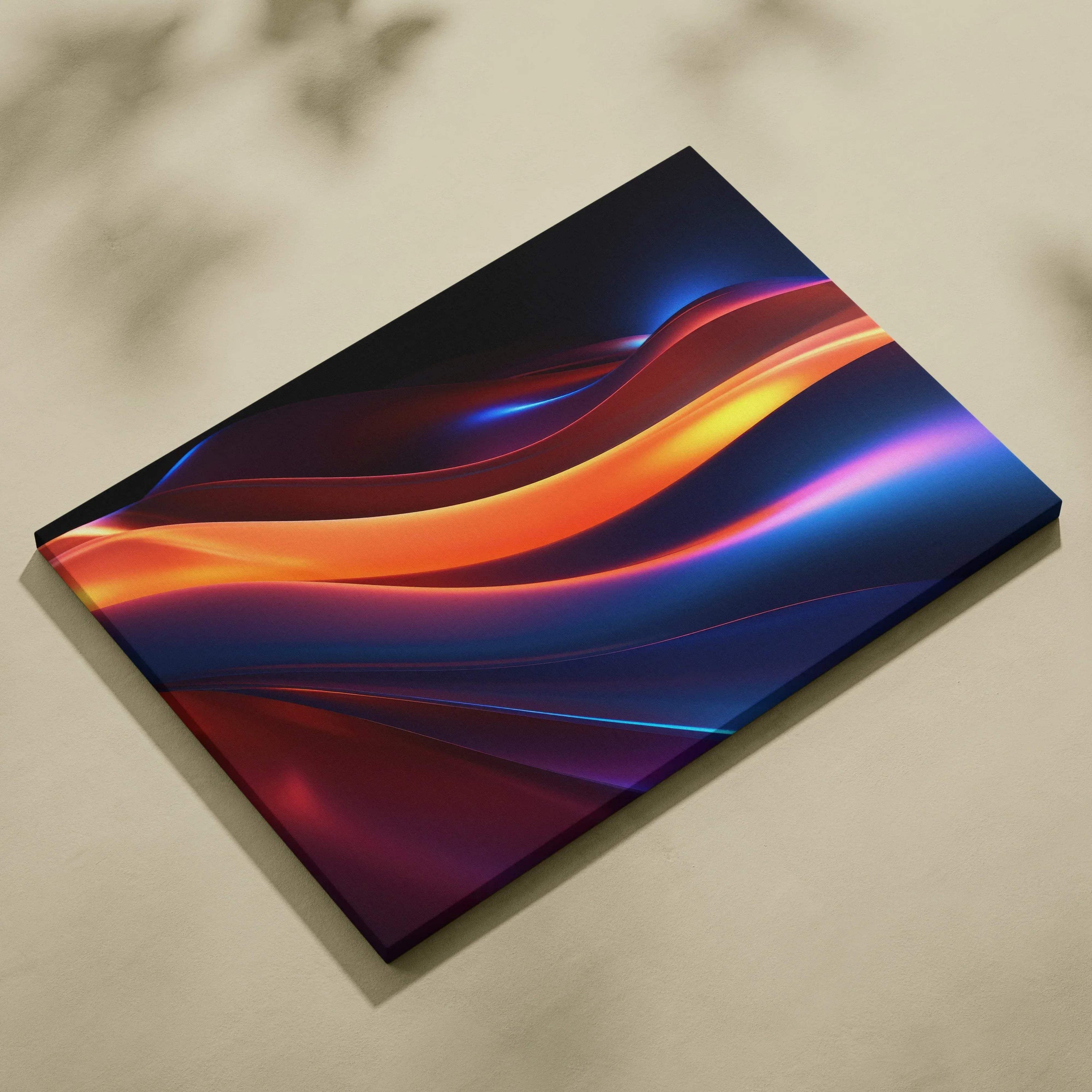 Abstract canvas wall art with bold swirling waves in vibrant orange, red, and blue tones on dark background.