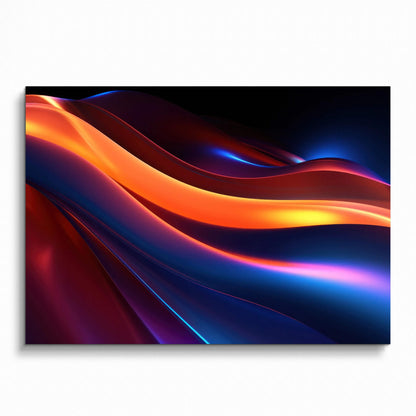 Modern abstract digital art poster with flowing orange and blue light waves on dark background wall art.