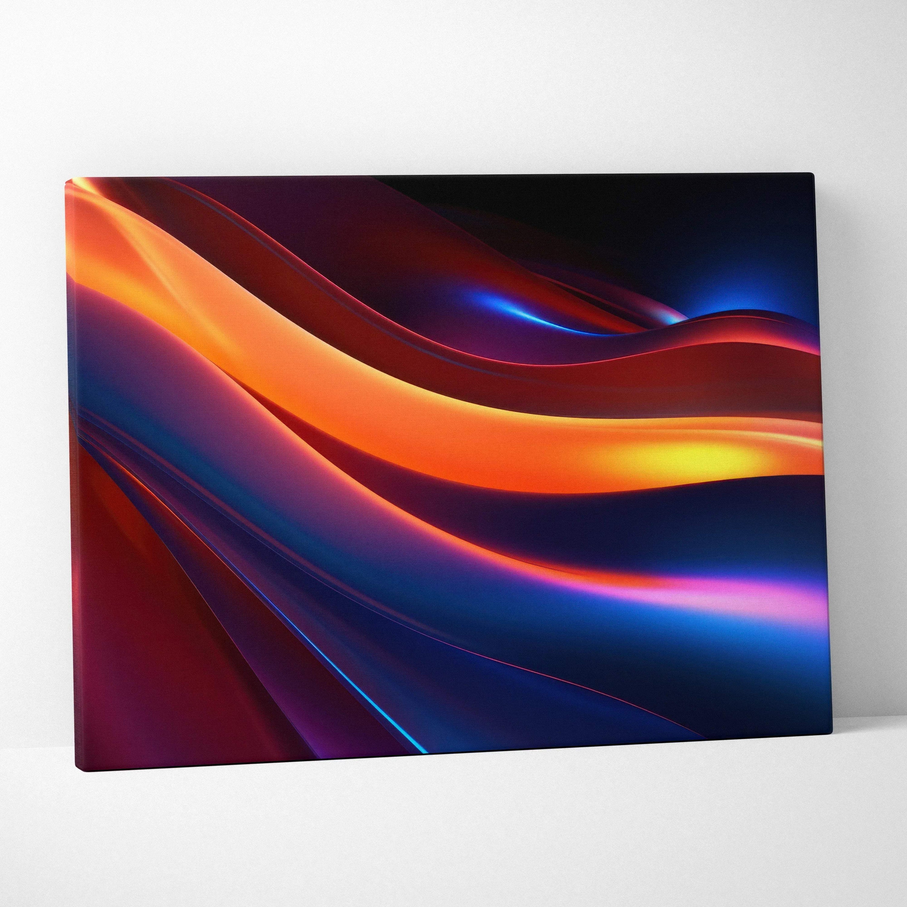 Canvas wall art featuring modern abstract bold swirls in vibrant orange, red, and deep blue tones.