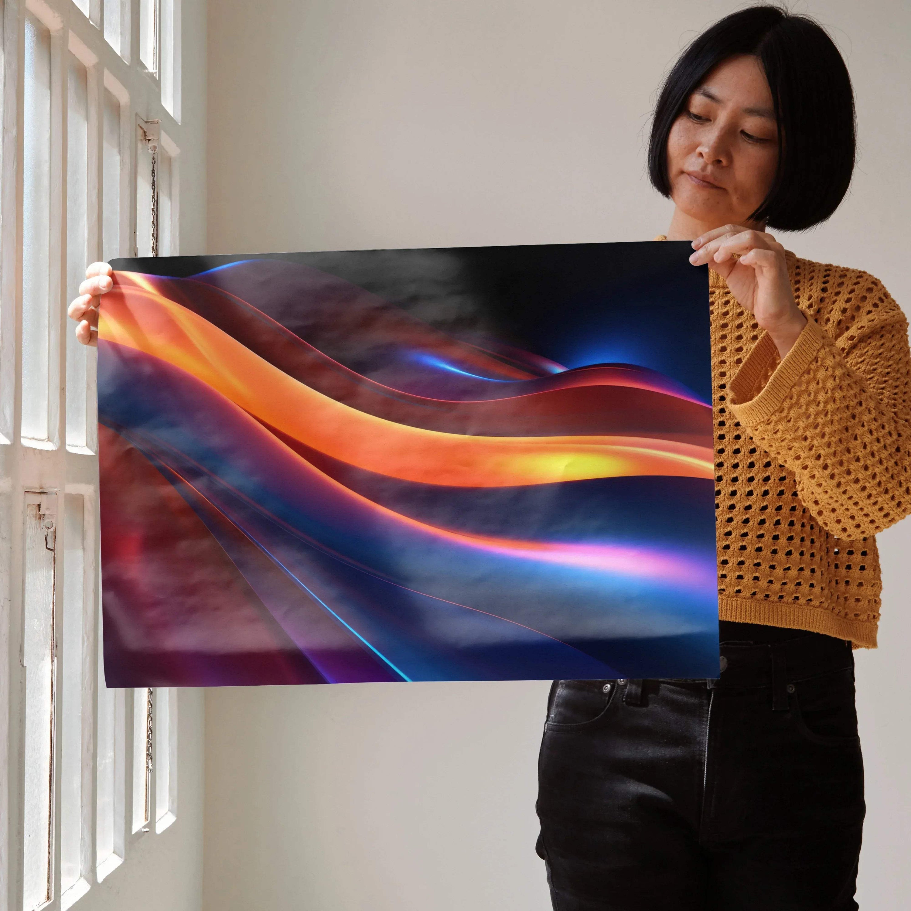 Abstract digital art poster with flowing colorful ribbons in blue, orange, and pink, modern wall art.