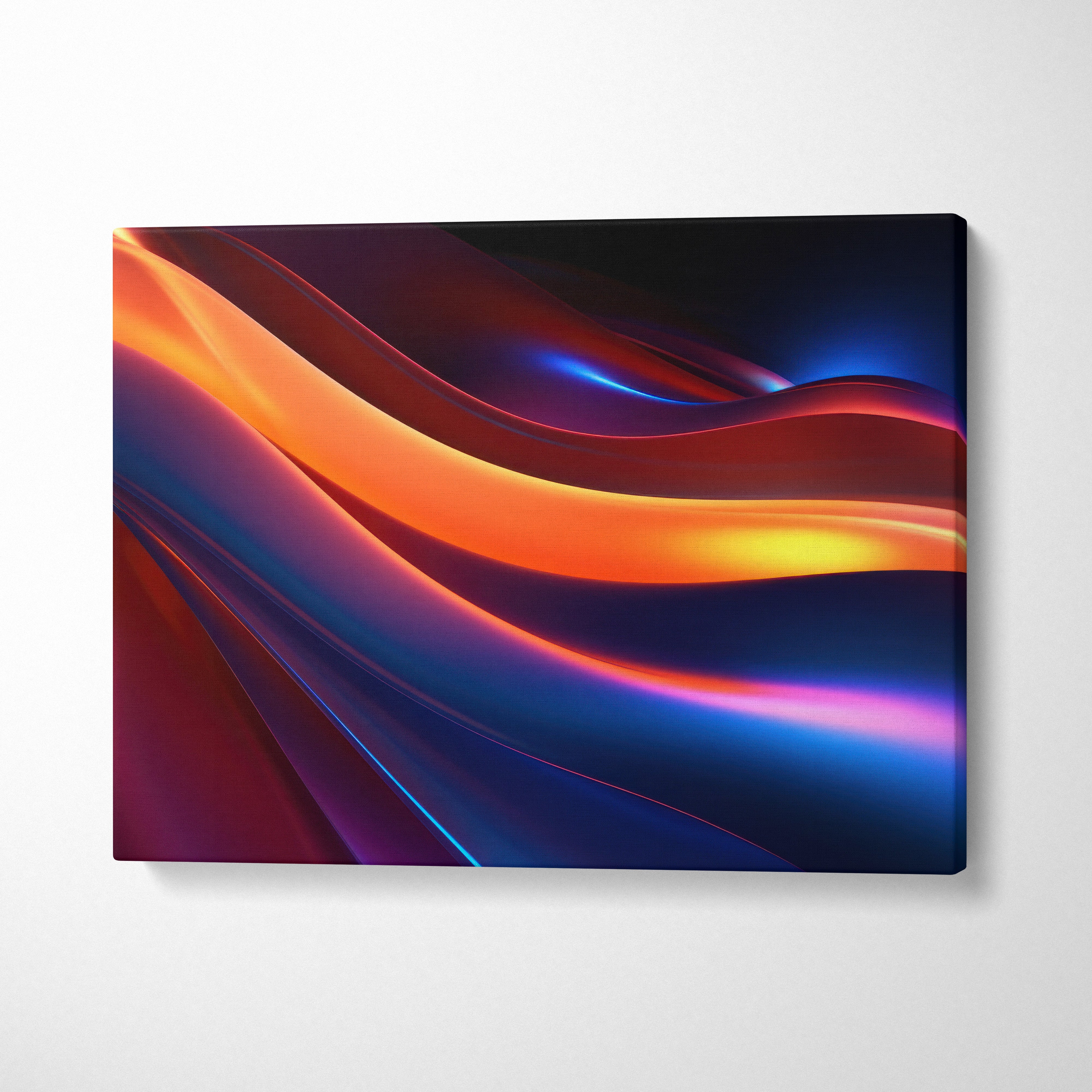 Abstract canvas wall art with bold orange and blue swirling waves on a dark background.