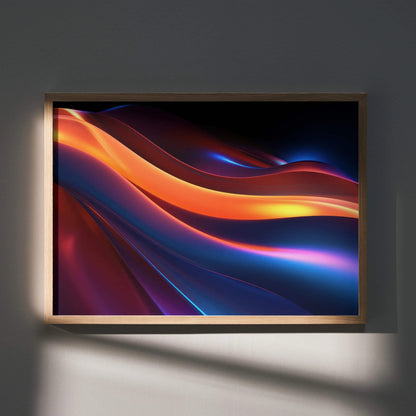 Modern abstract digital art poster with flowing orange and blue light waves, framed wall art.