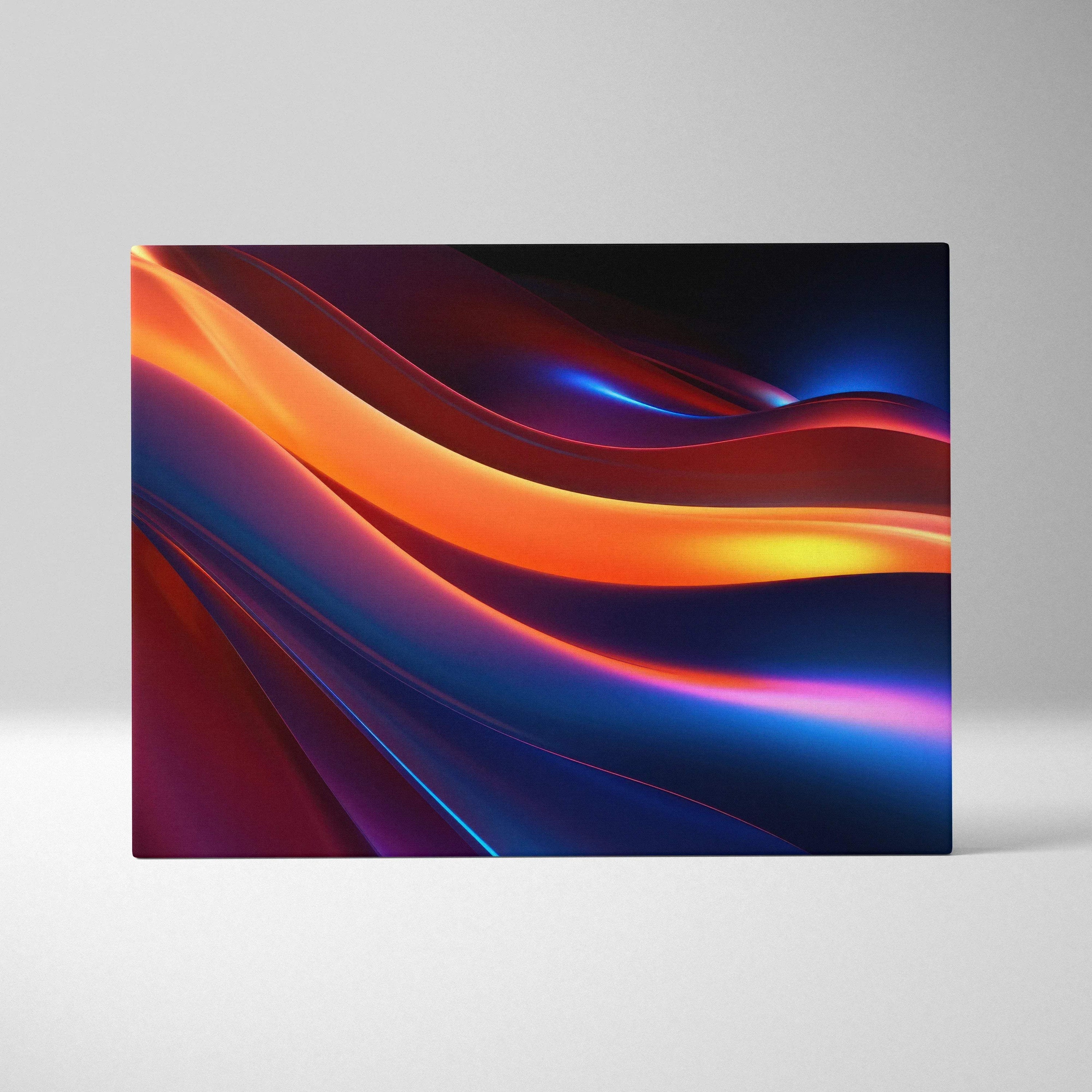 Abstract canvas wall art with bold glowing orange and blue swirls on dark background.