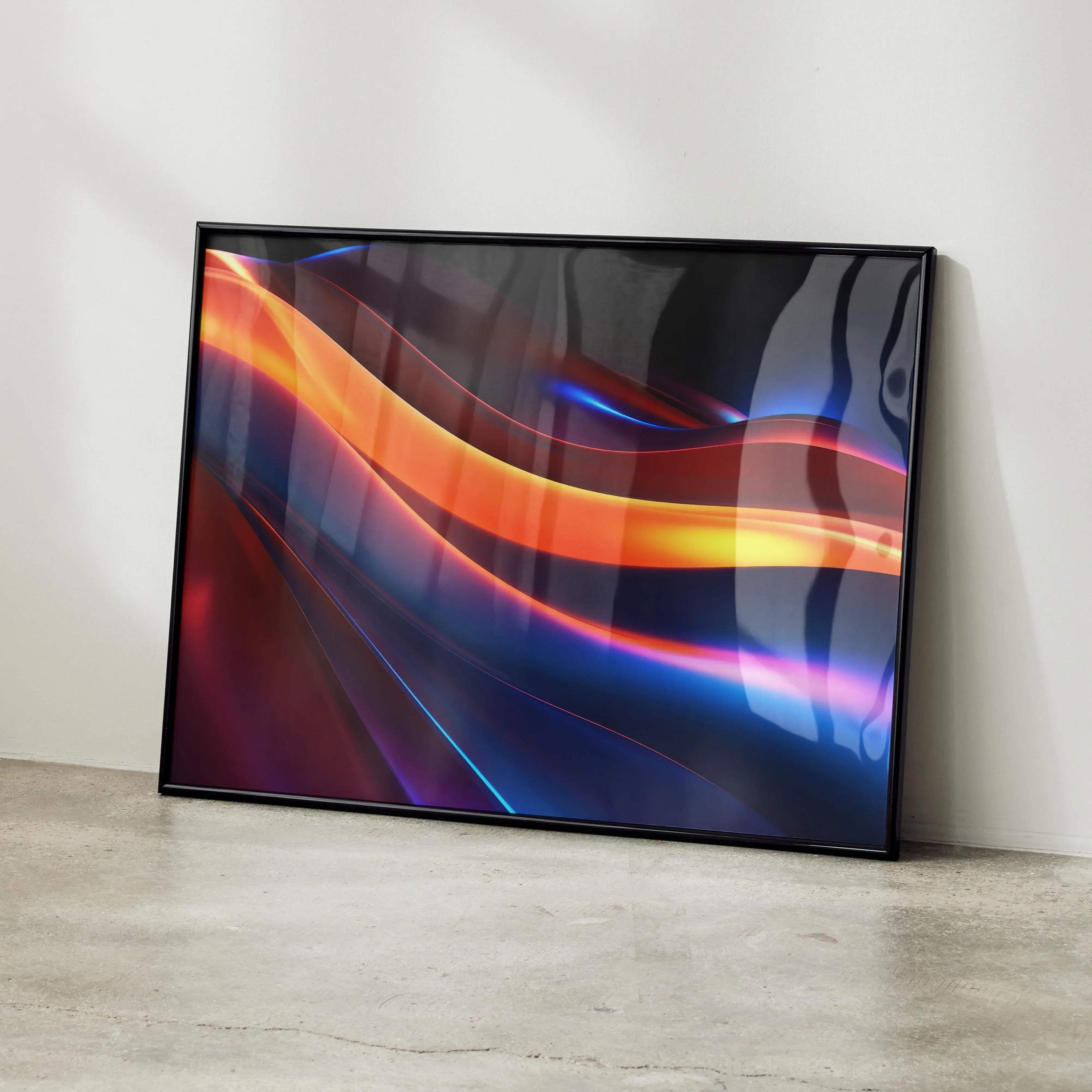 Modern abstract digital art poster with vibrant orange, blue, and purple flowing light streaks, framed wall art.