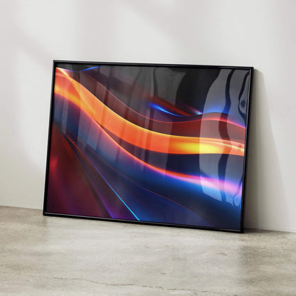 Modern abstract digital art poster with vibrant orange, blue, and purple flowing light streaks, framed wall art.