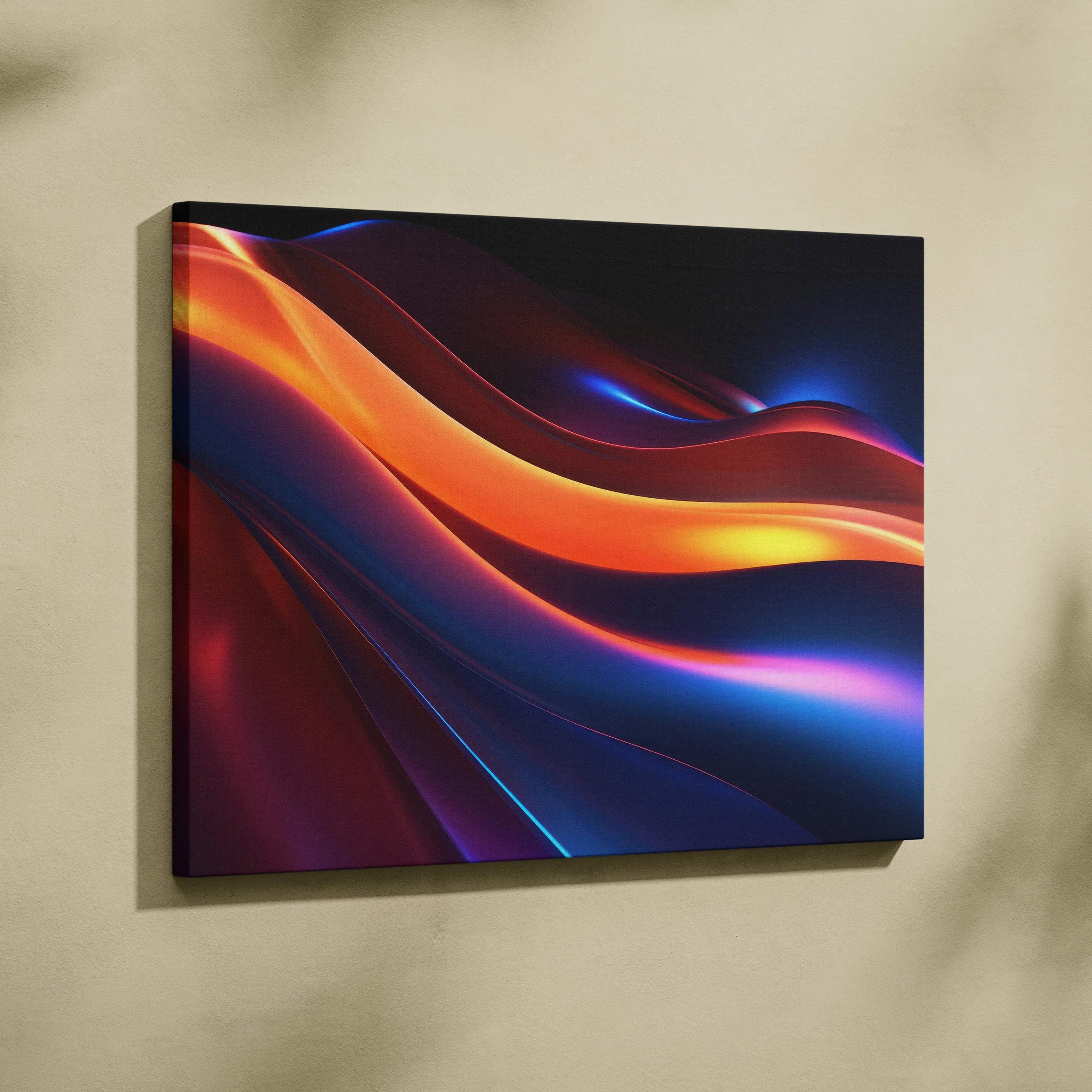 Canvas wall art featuring bold abstract swirls in vibrant orange, red, and blue tones.