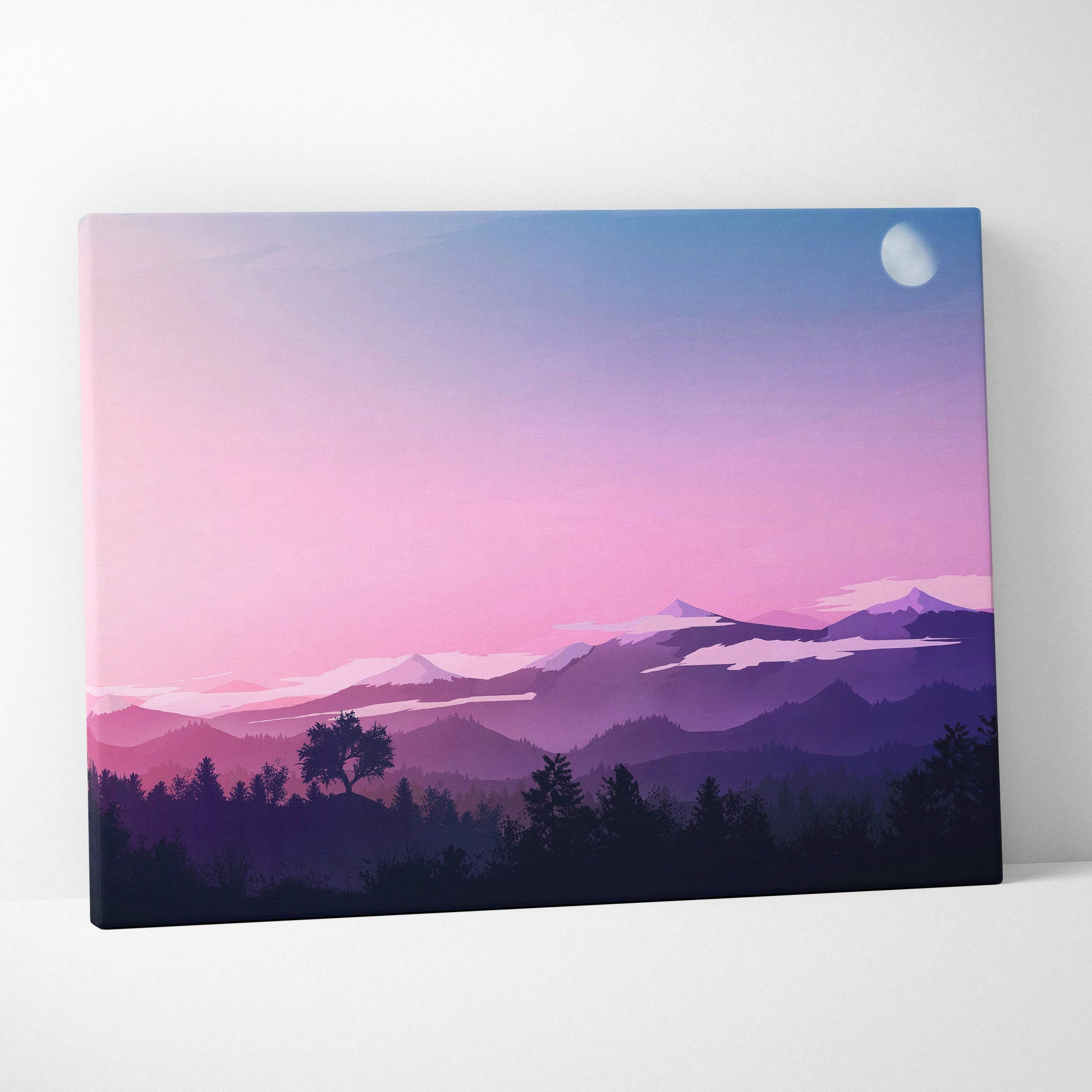 Minimalist moonlit dusk mountain landscape canvas wall art in pink purple blue