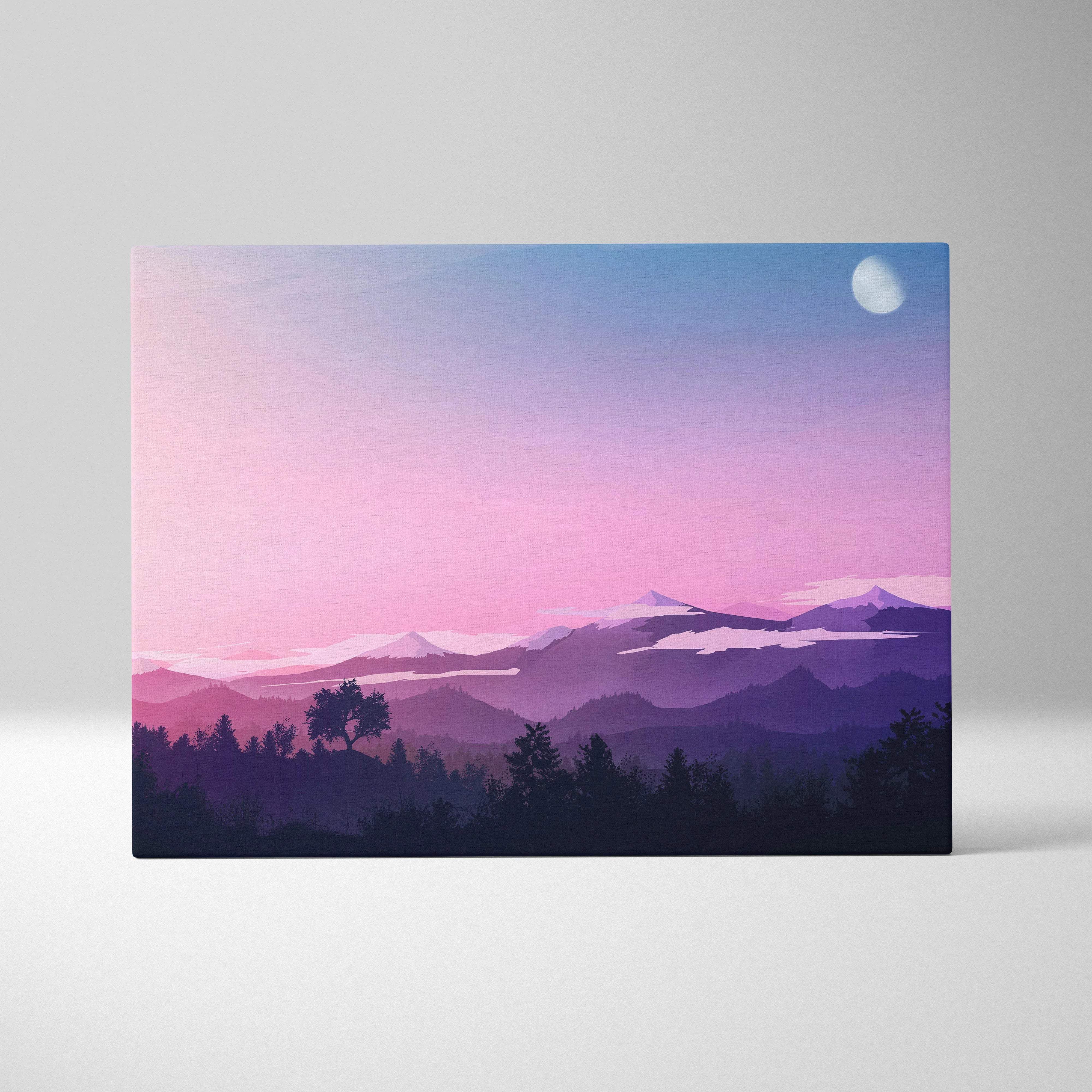 Minimalist moonlit dusk mountain landscape canvas wall art in pink purple blue