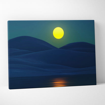 Minimalist moonlit landscape canvas print with glowing moon over teal hills and lake