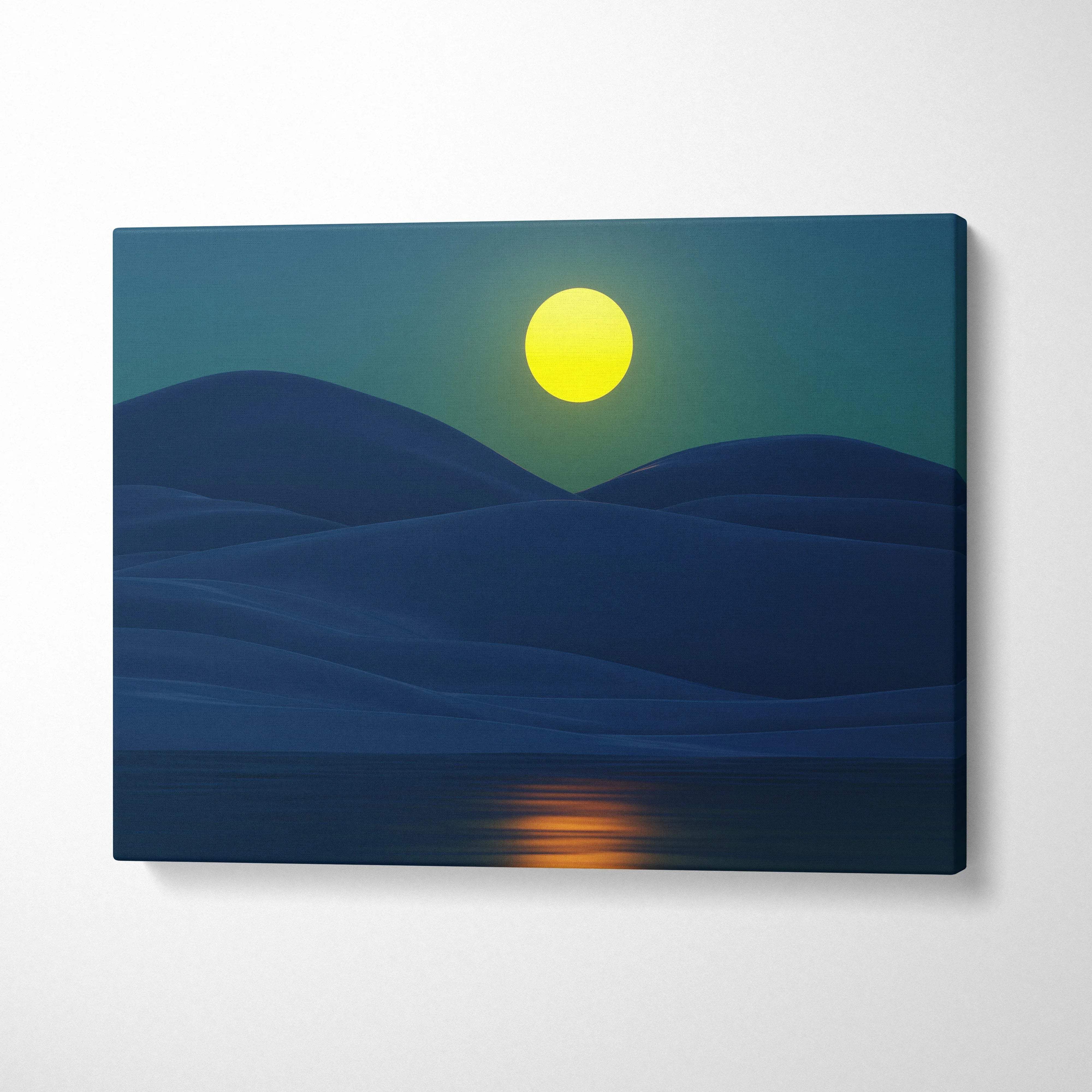 Minimalist moonlit landscape canvas print with glowing moon over teal hills and lake