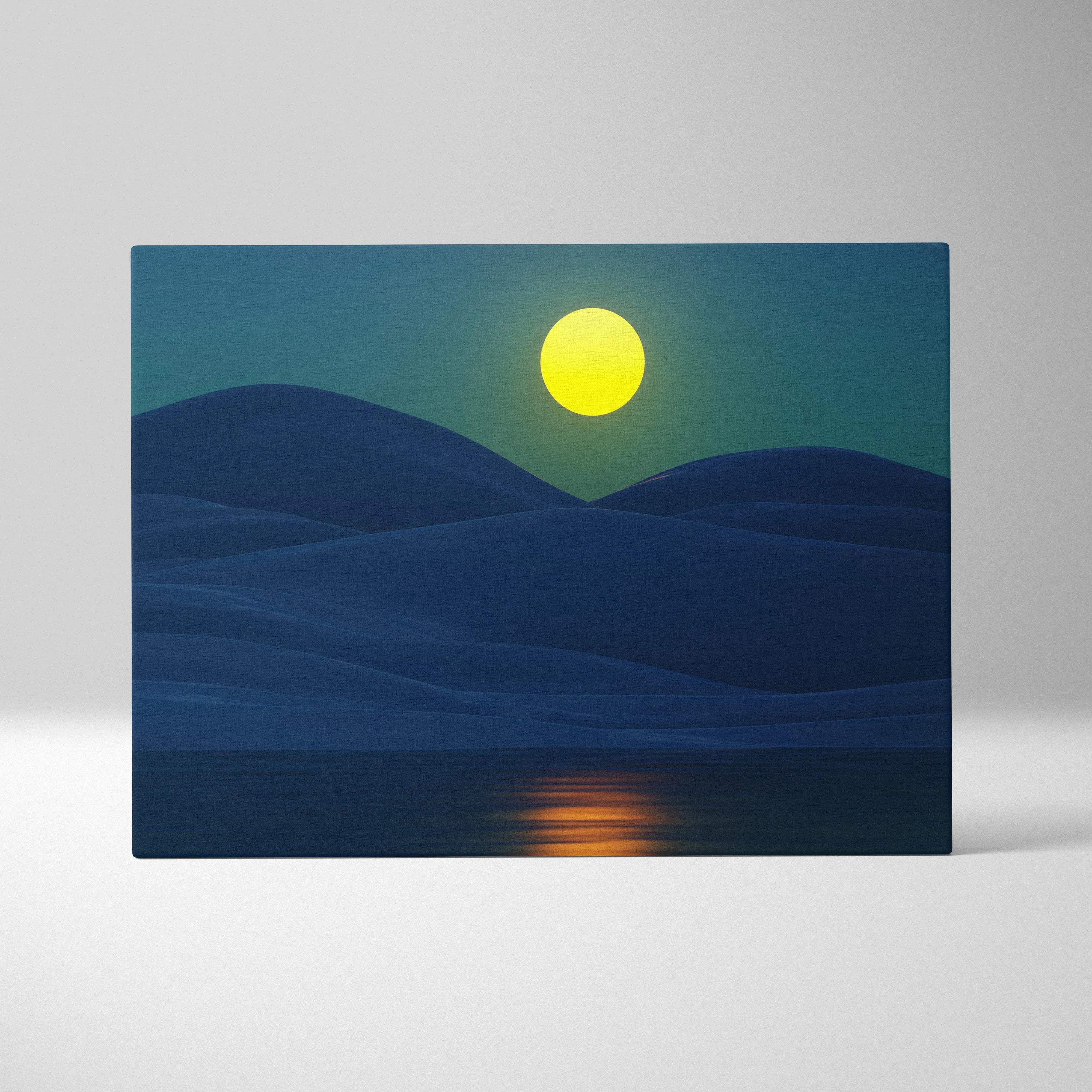 Minimalist moonlit landscape canvas print with glowing moon over teal mountains and lake