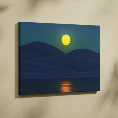 Minimalist glowing yellow moon over teal mountains and reflective lake