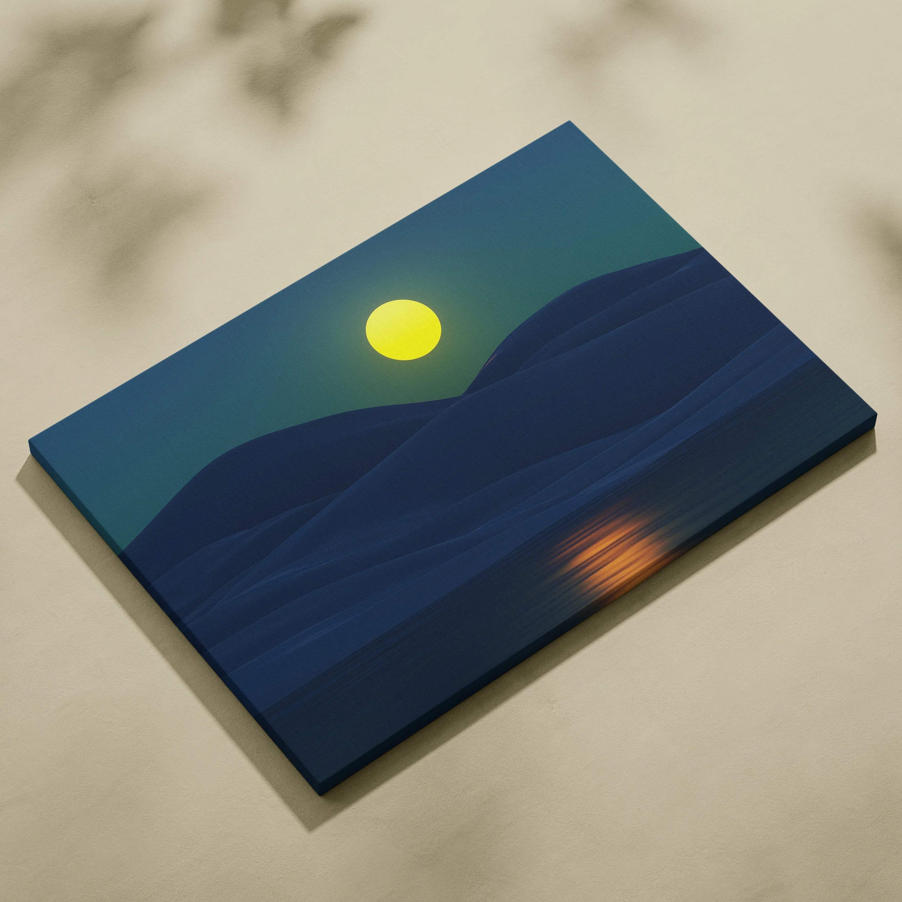 Minimalist moonlit landscape with glowing moon over teal hills and lake