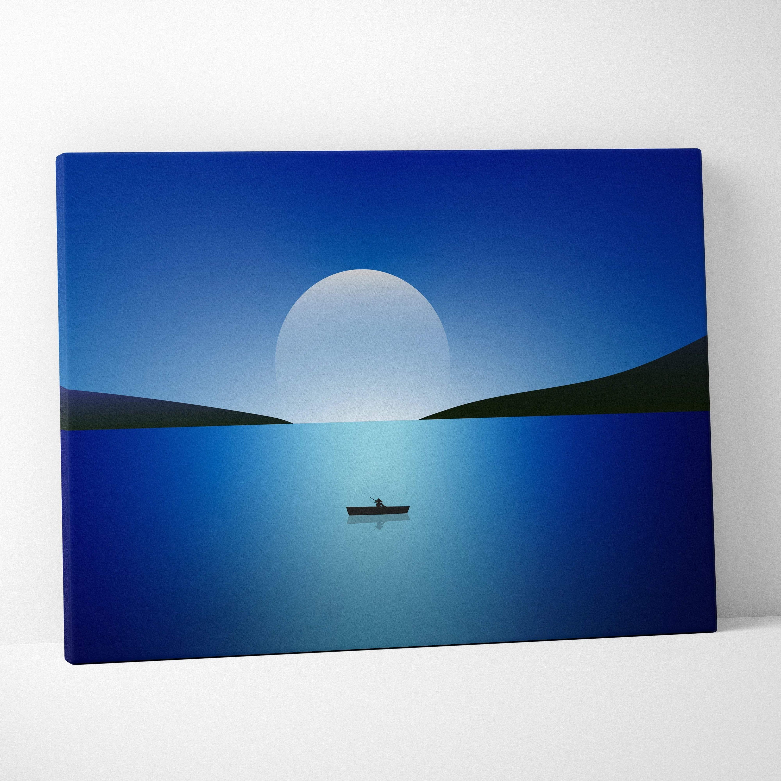 Blue minimalist canvas print of lone boat under large moon on calm waters