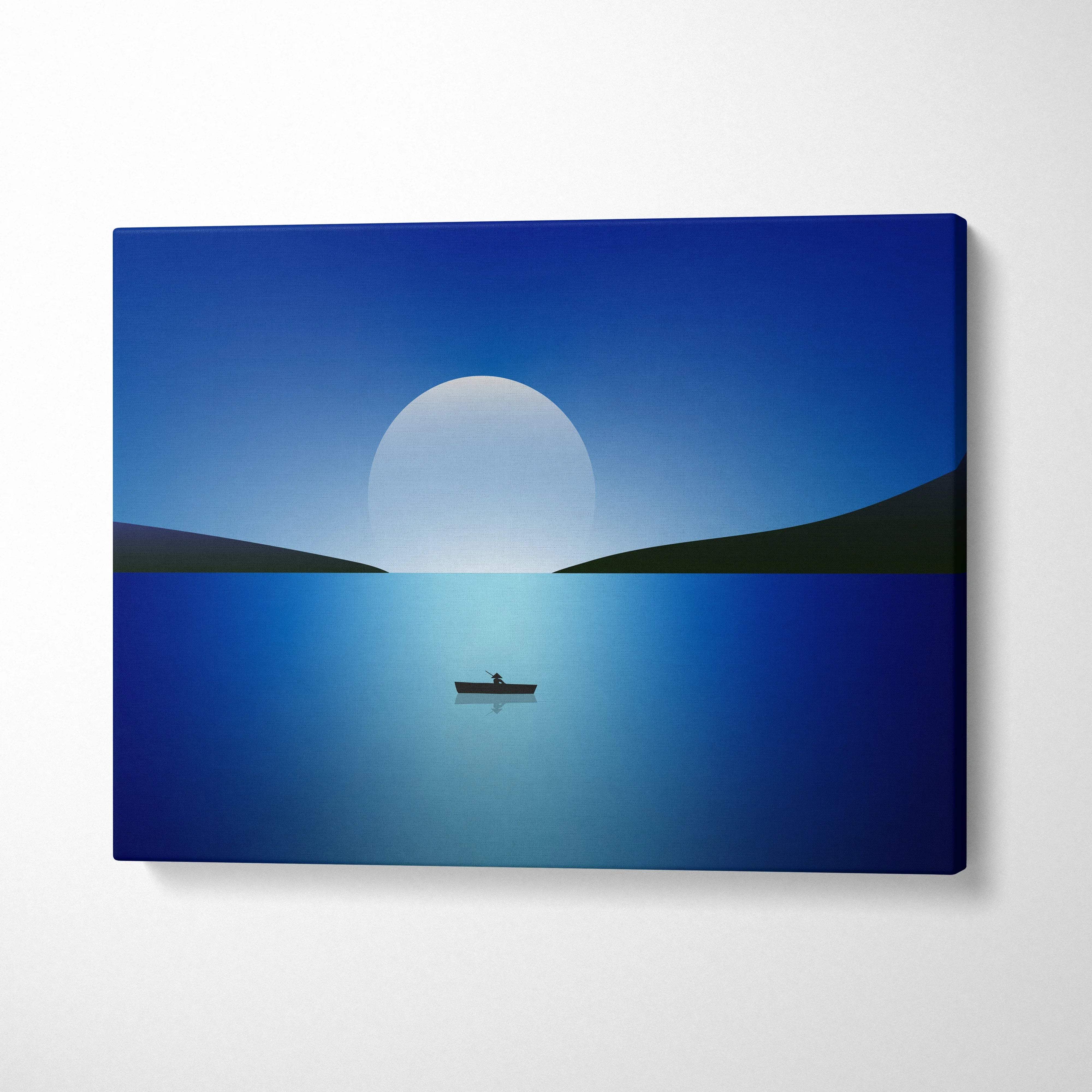 Minimal night seascape canvas print with lone boat under rising moon
