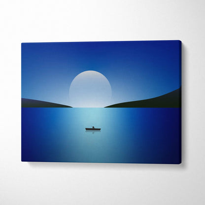 Minimal night seascape canvas print with lone boat under rising moon