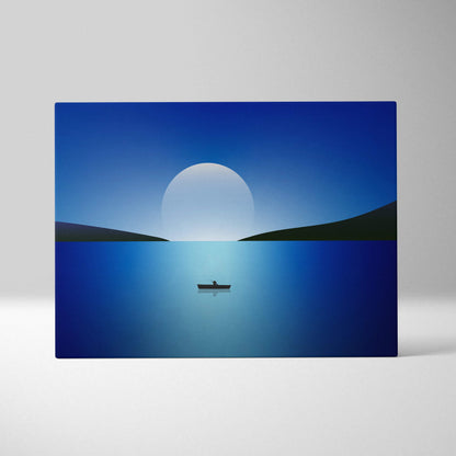 Minimal blue night seascape canvas with lone boat under rising moon