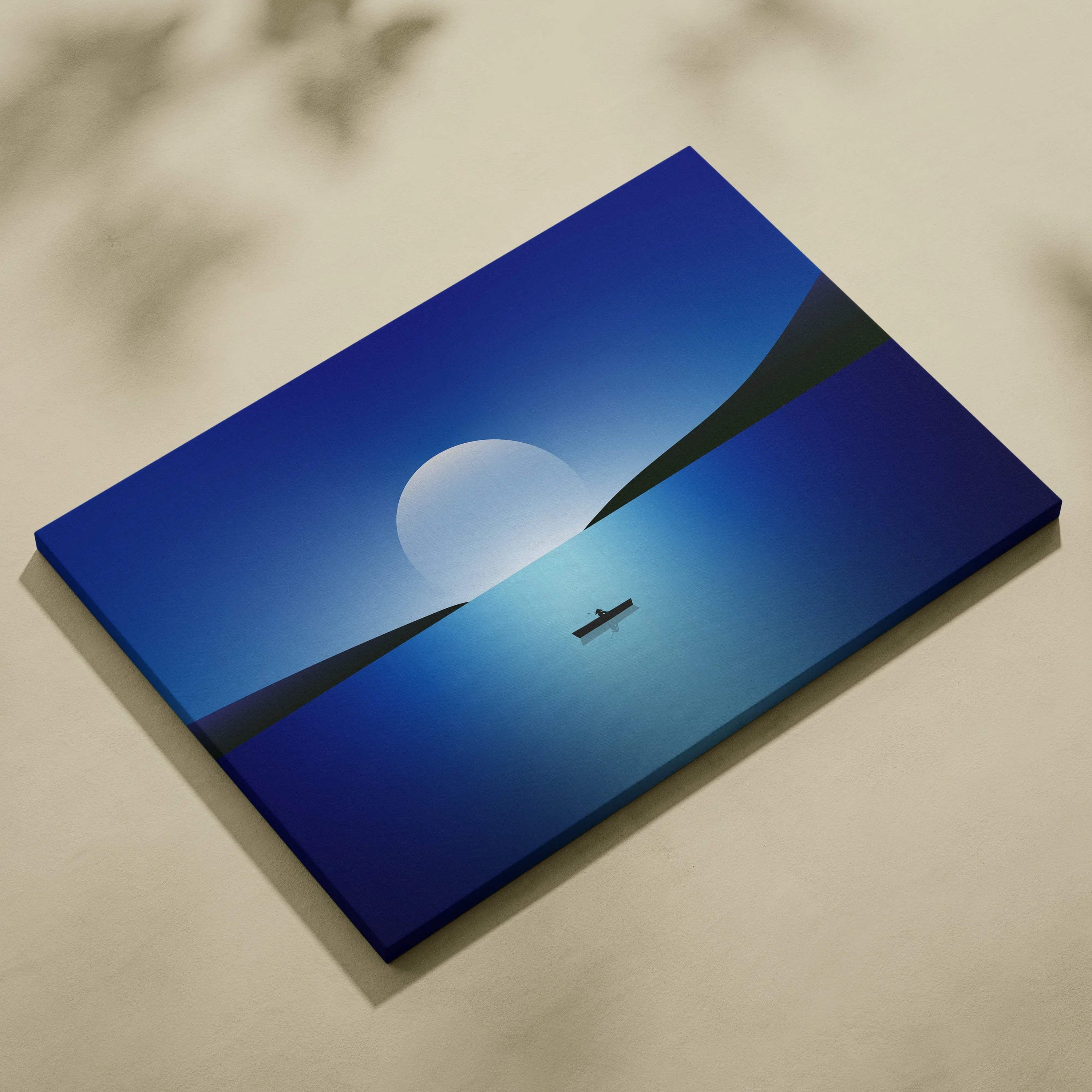 Minimal night seascape canvas print with lone boat on calm water under rising moon