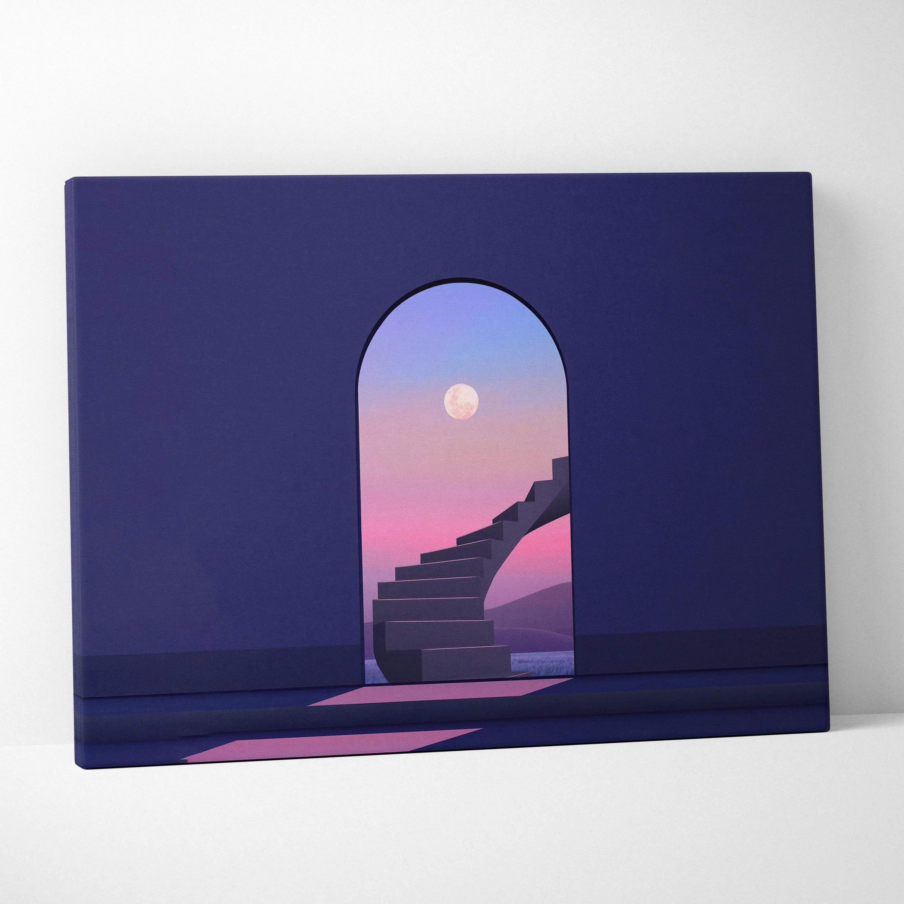 Surreal minimalist staircase through archway to moonlit twilight sky canvas art