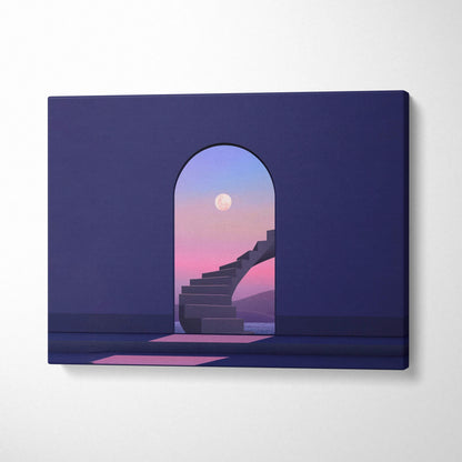 Surreal minimalist staircase through archway to moonlit twilight sky canvas art
