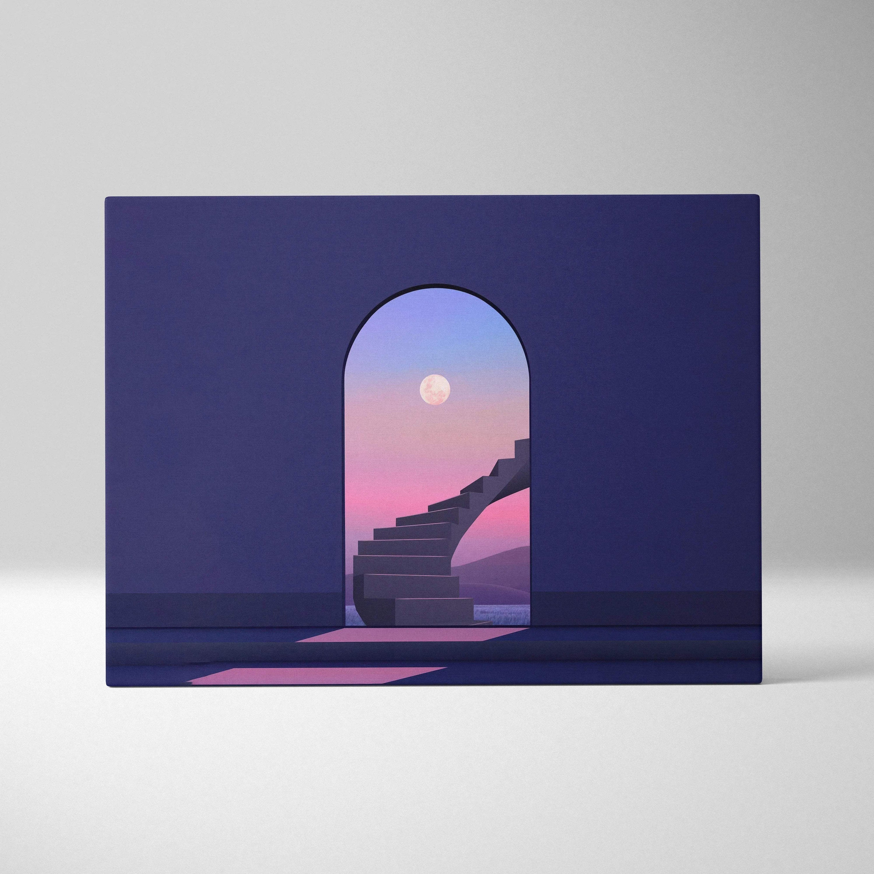Surreal minimalist staircase through archway to moonlit twilight sky canvas art