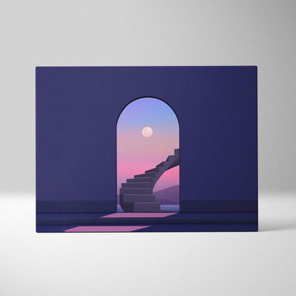 Surreal minimalist staircase through archway to moonlit twilight sky canvas art