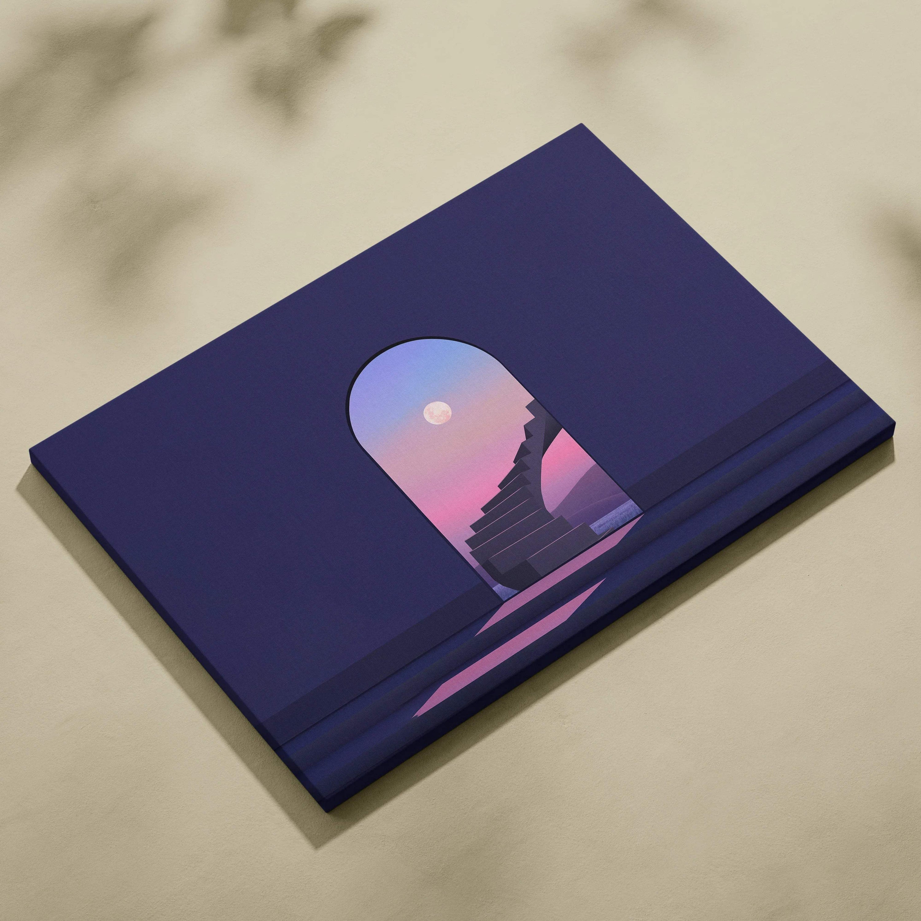 Deep navy canvas print of surreal arched doorway to pink purple sunset stairs