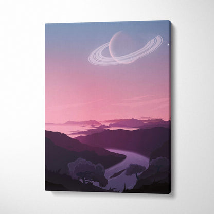 Dreamlike Saturn with rings over pastel sky, river, shadowed hills canvas art