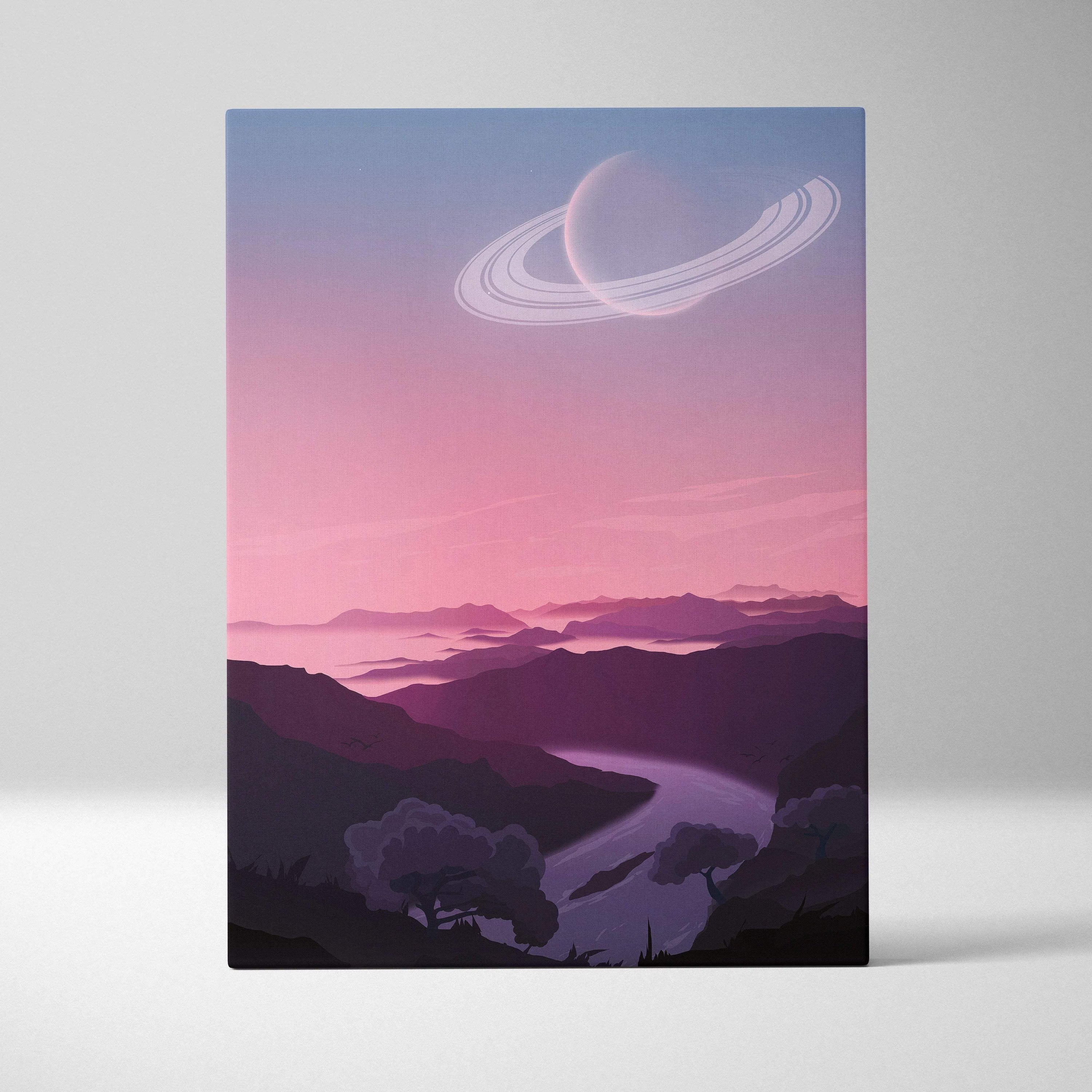 Dreamlike alien vista canvas print with ringed planet over pastel sky and river