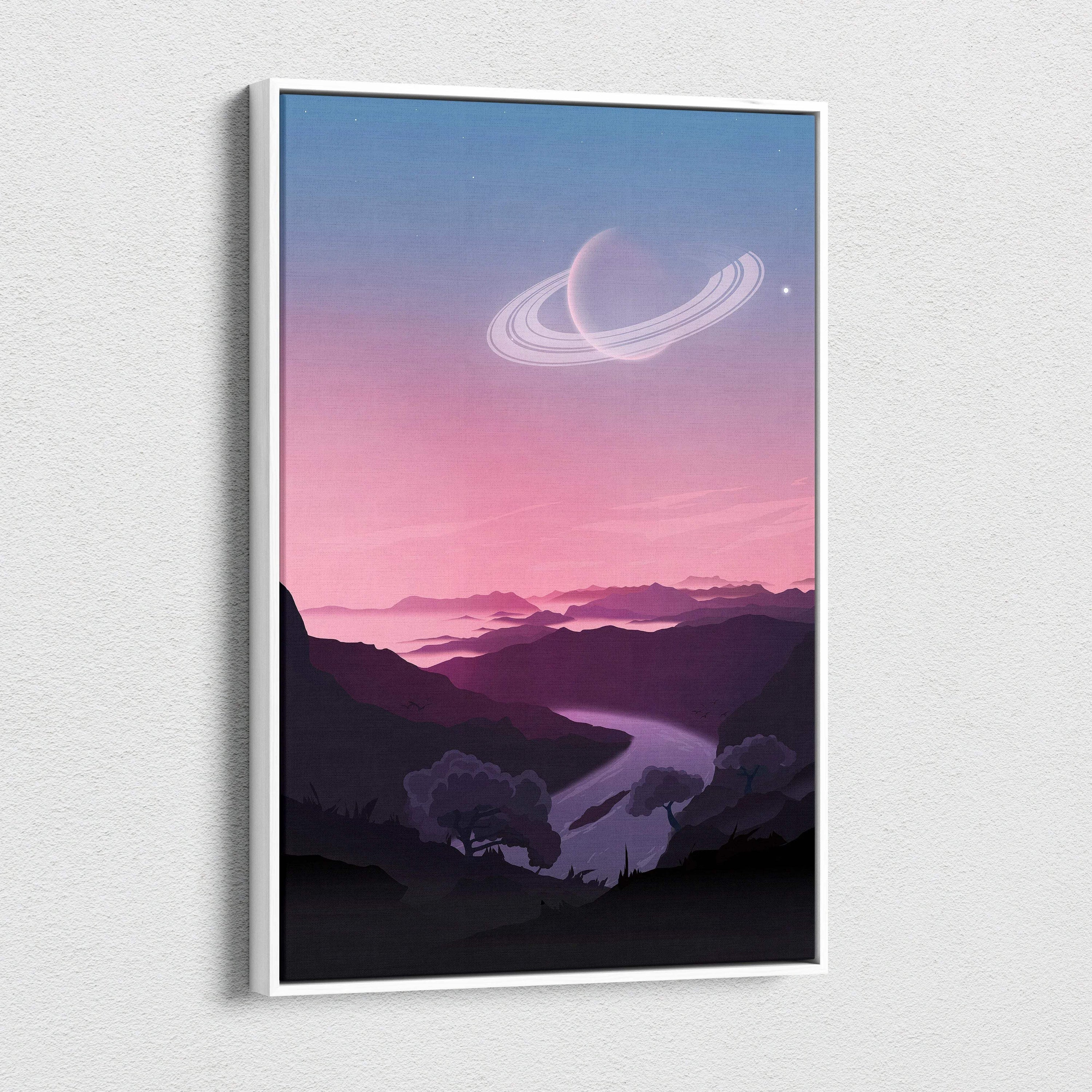 Dreamlike alien vista canvas wall art with ringed planet over pastel sky