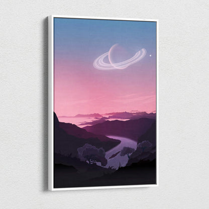 Dreamlike alien vista canvas wall art with ringed planet over pastel sky