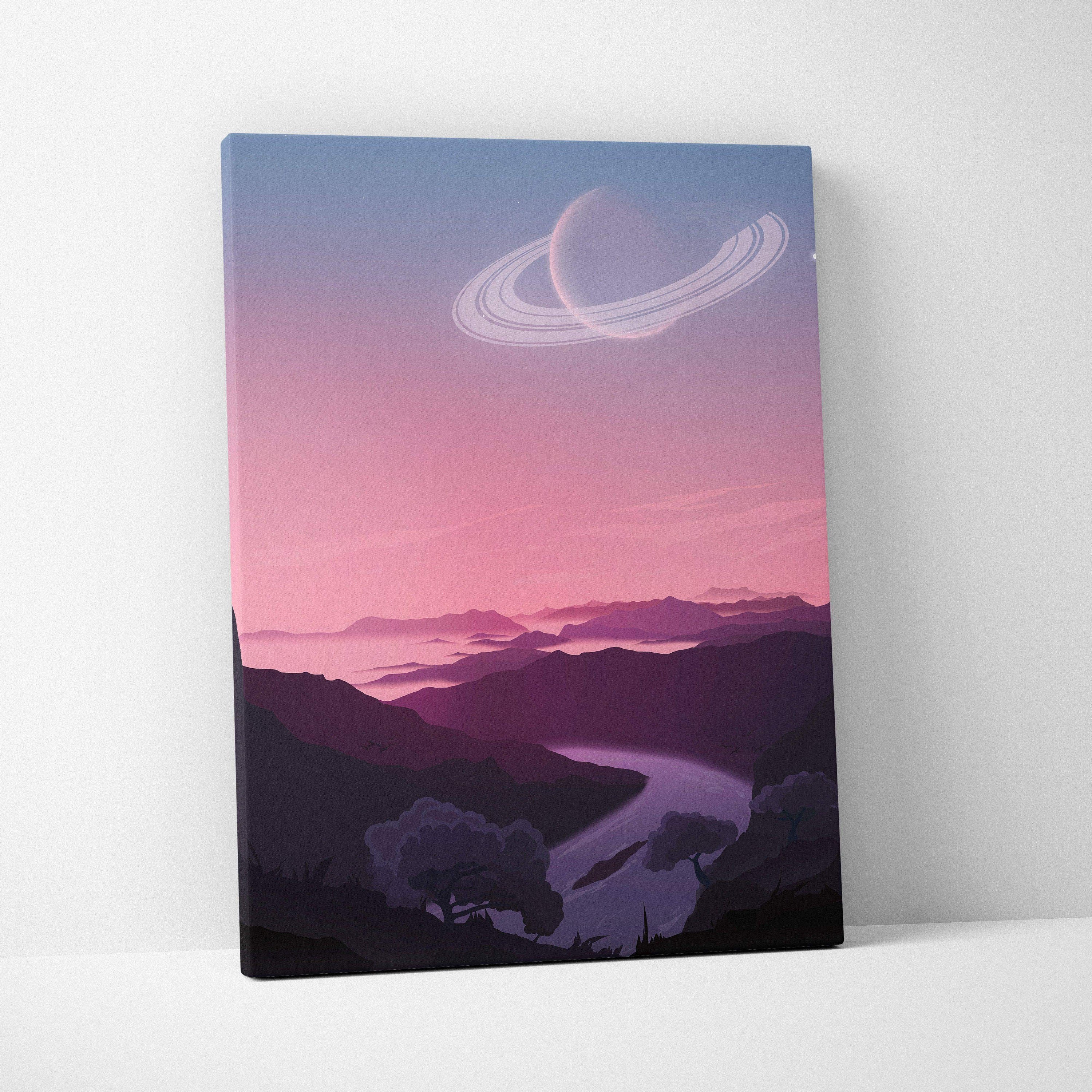 Dreamlike alien vista canvas print with ringed planet over pastel sky and river through hills