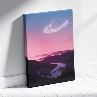 Dreamlike alien vista canvas print with ringed planet over pastel sky