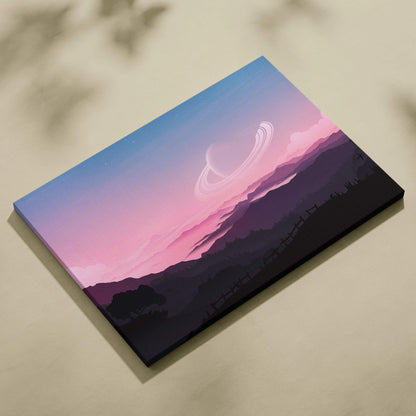 Minimalist sci-fi canvas print with ringed planet, layered mountains, pastel sunset