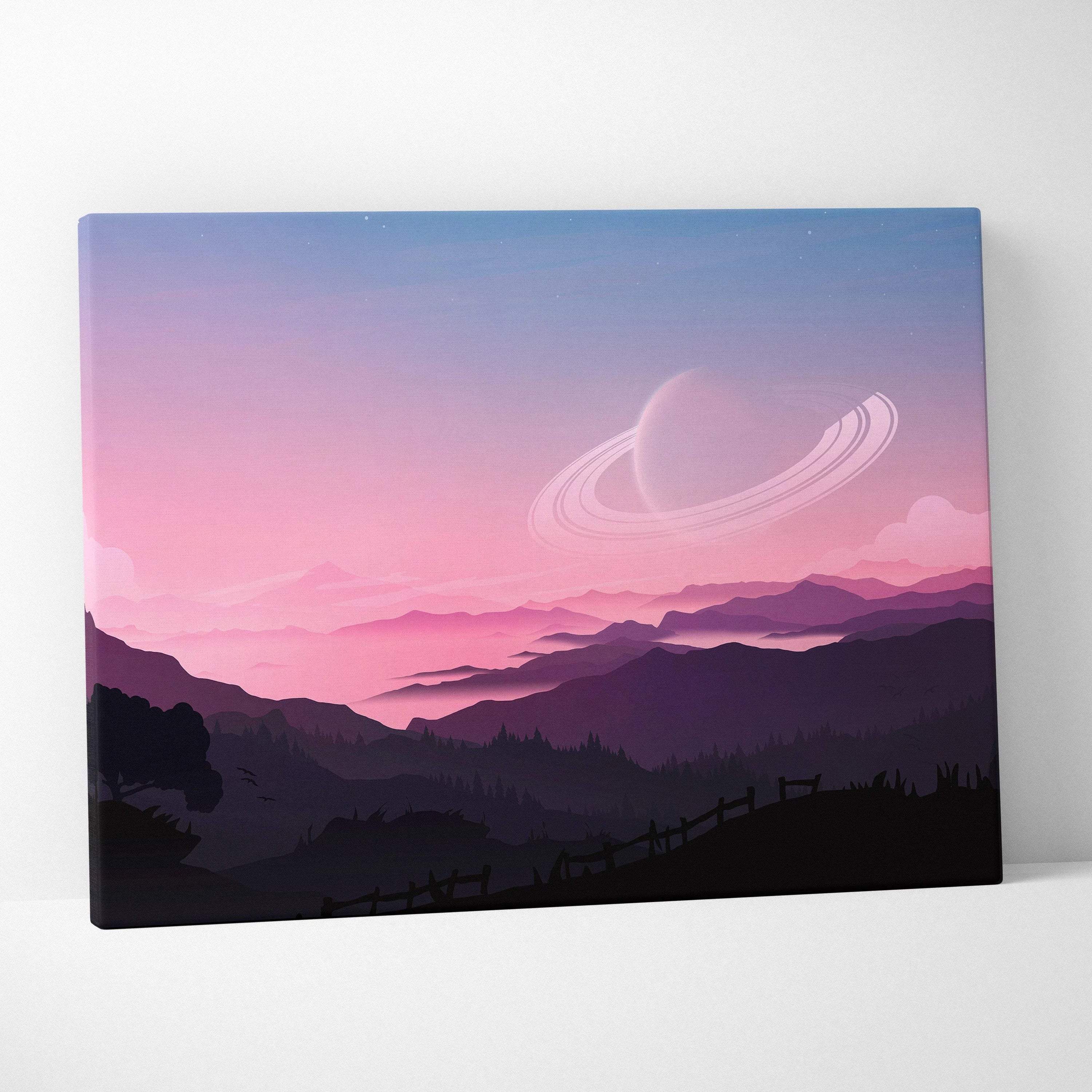 Minimalist sci-fi canvas print of ringed planet, layered pastel mountains, sunset sky
