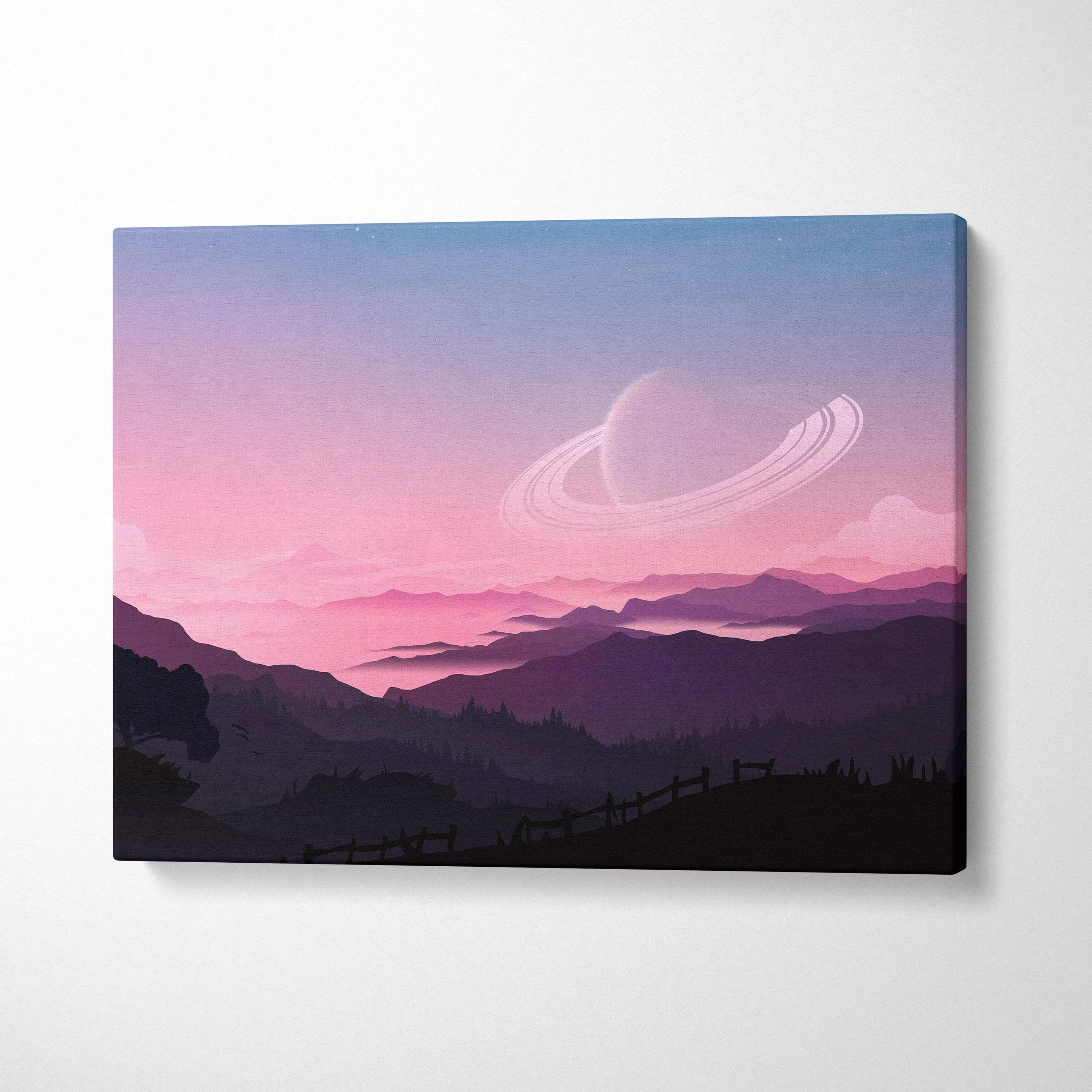 Minimalist sci-fi pastel canvas print of ringed planet and layered mountains