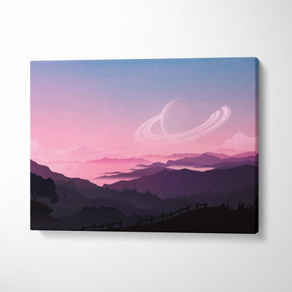 Minimalist sci-fi pastel canvas print of ringed planet and layered mountains