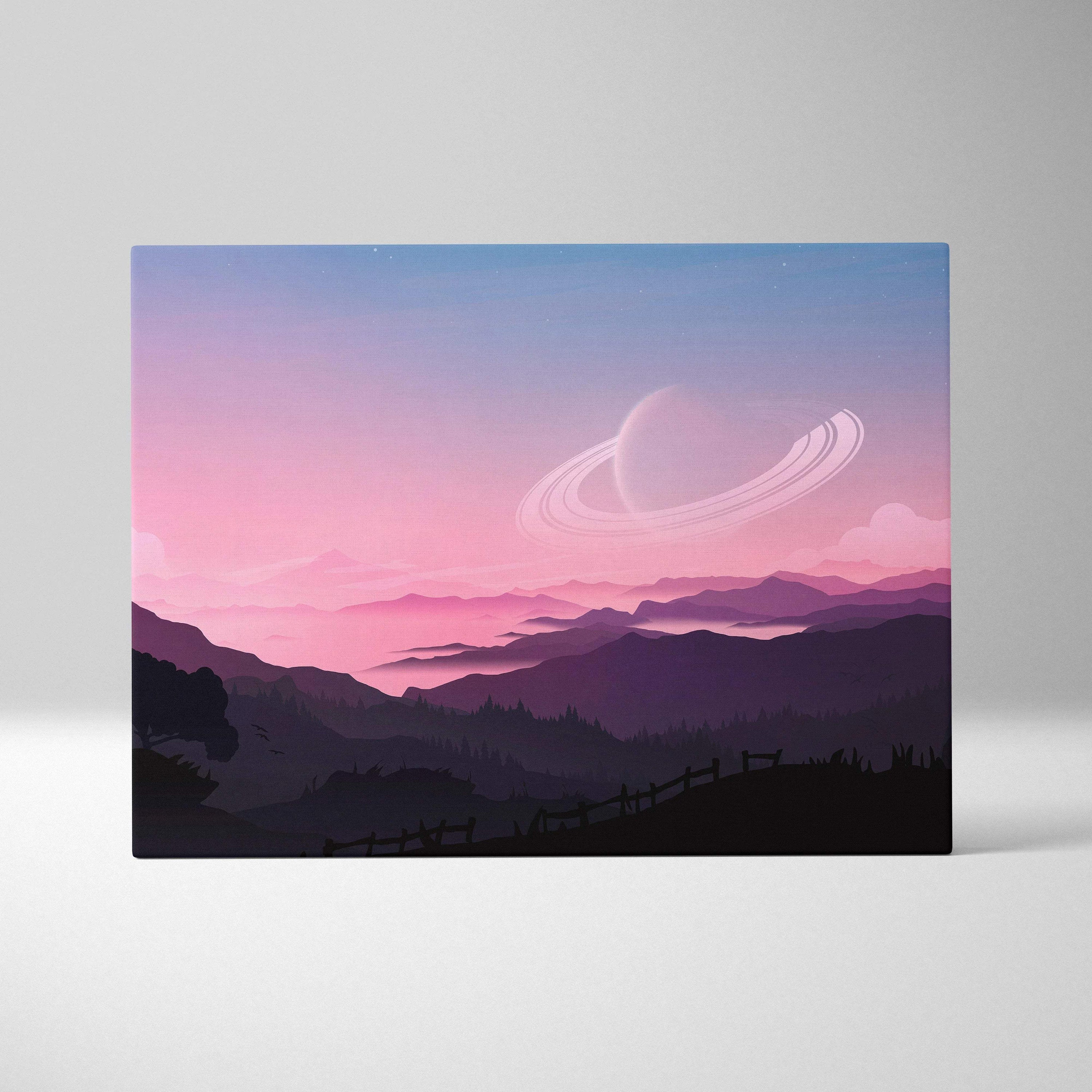 Minimalist sci-fi canvas print of pastel ringed planet and purple mountains
