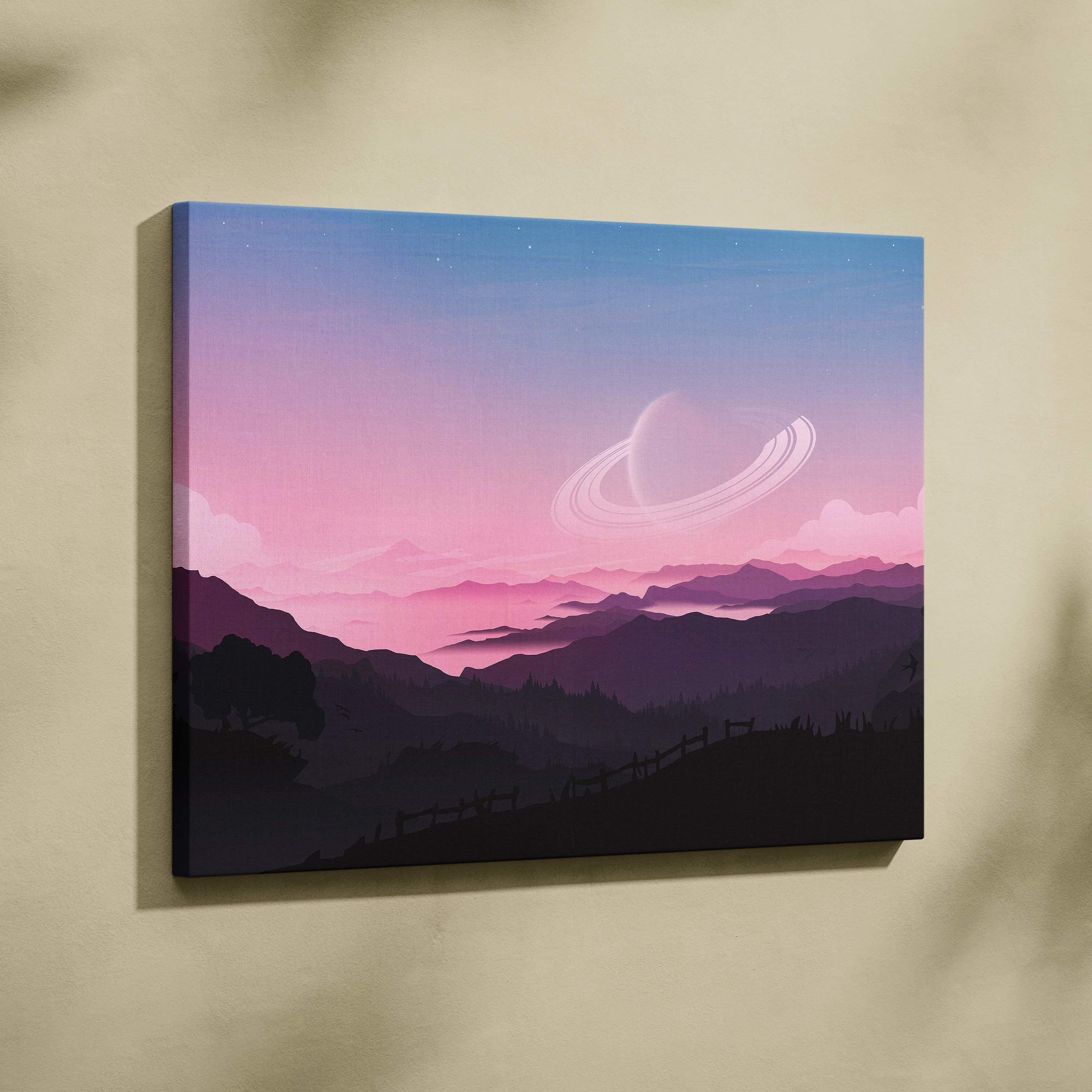 Minimalist sci-fi canvas print of pastel purple pink mountains ringed planet sunset sky