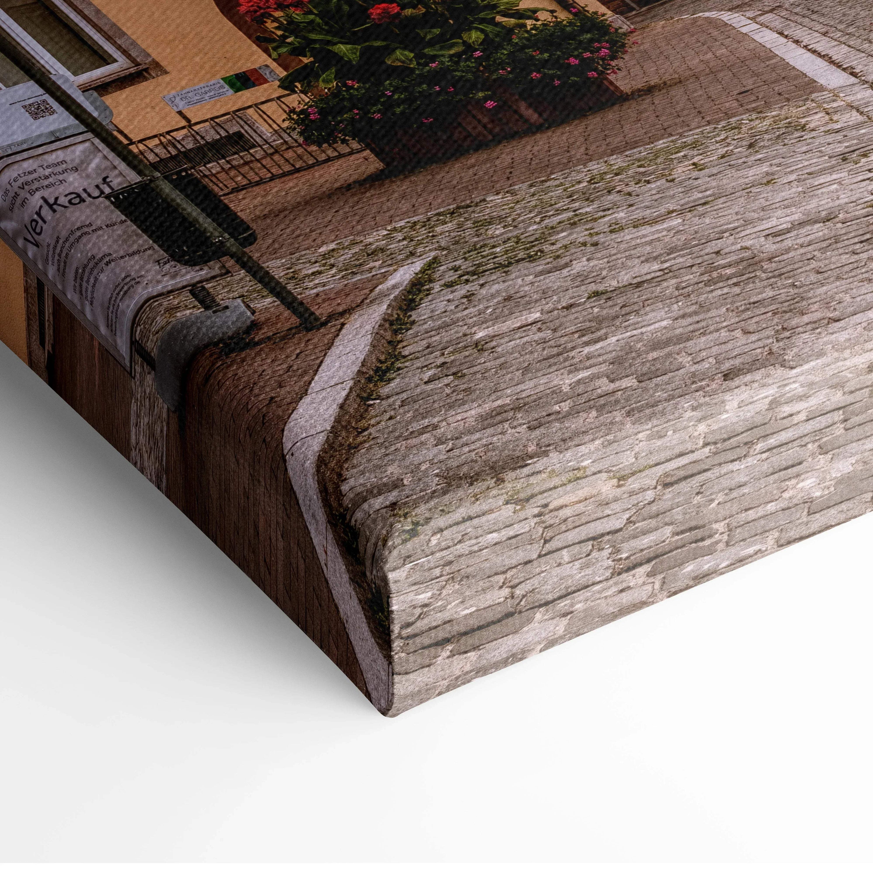 Urban skyline canvas wall art print with modern buildings and textured street details.