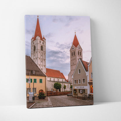 Canvas wall art featuring a modern urban skyline with historic buildings and church steeples under a cloudy sky.