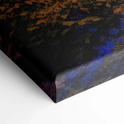 Textured canvas print of jagged mountains, lone tree, reflective lake in cool blues with autumn leaves