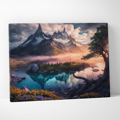 Cinematic fantasy realism canvas print of jagged mountains, lone tree, reflective lake in cool blues