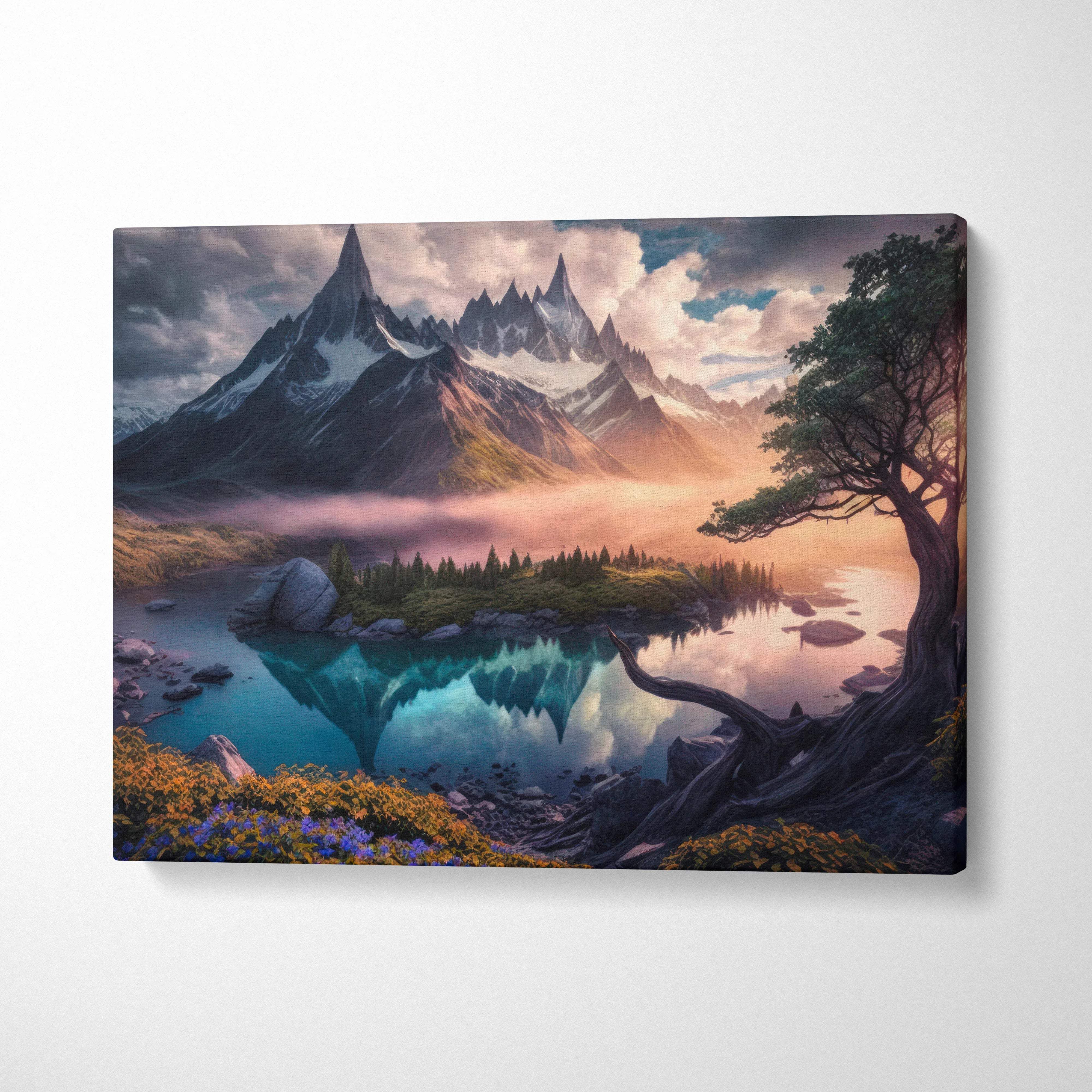 Cinematic fantasy realism canvas art of jagged mountains, lone tree, reflective lake