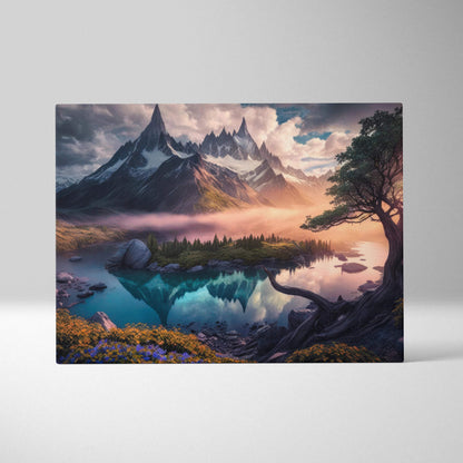 Cinematic fantasy realism canvas print of jagged mountains, lone tree, reflective lake in cool blues