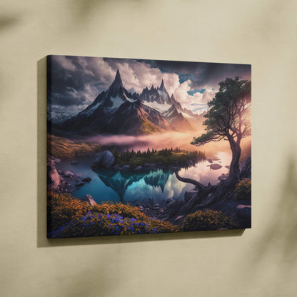 Cinematic jagged mountains, lone tree, reflective lake in cool blues canvas print