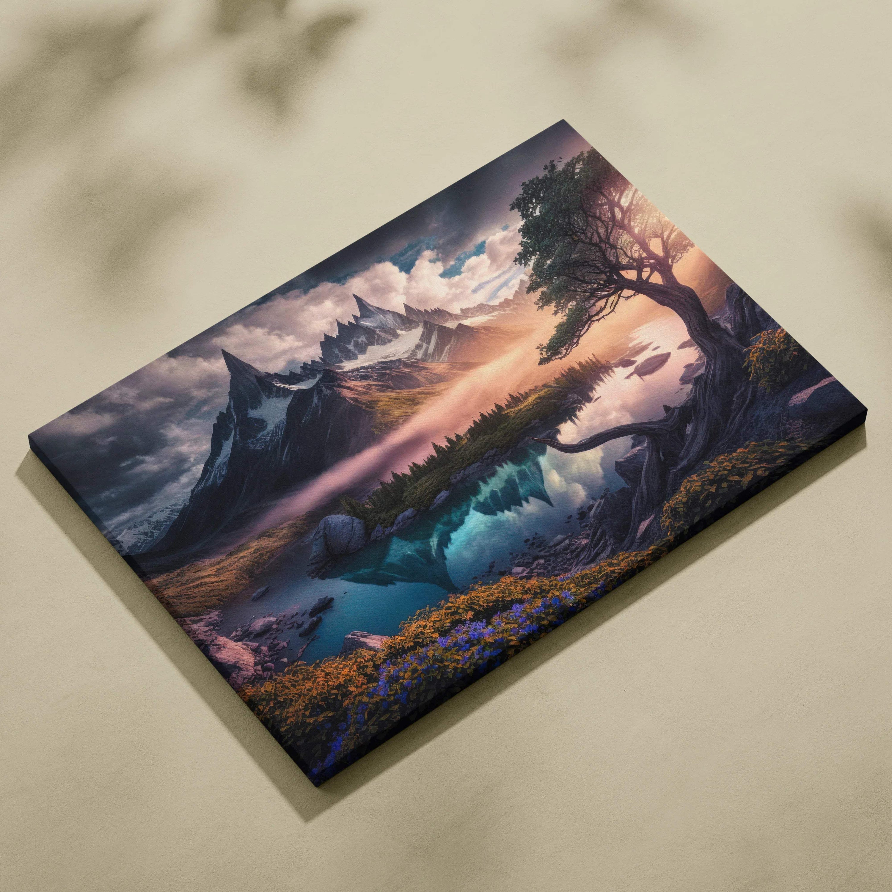 Cinematic fantasy realism canvas art with jagged mountains, lone tree, reflective lake in cool blues