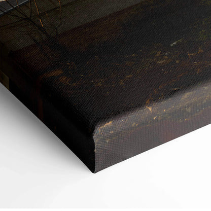 Close-up of dark mountain landscape canvas wall art corner with textured edges.