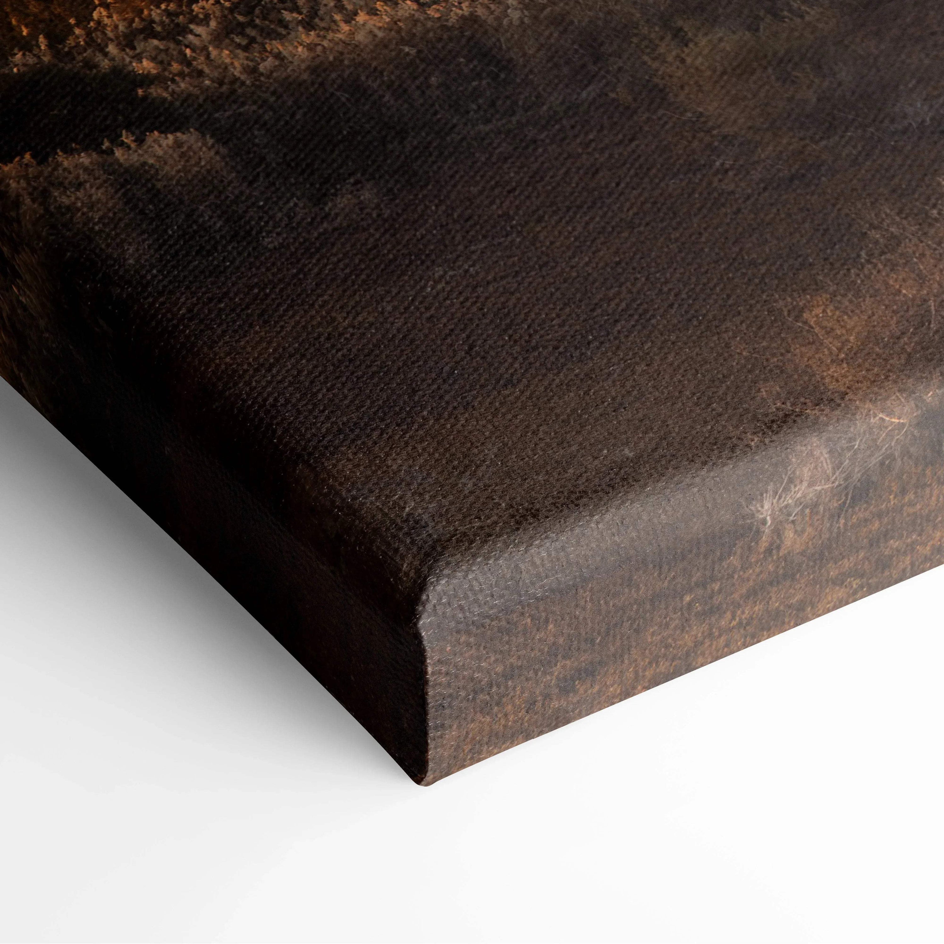 Close-up of textured canvas showing deep brown and black tones on wall art edge.