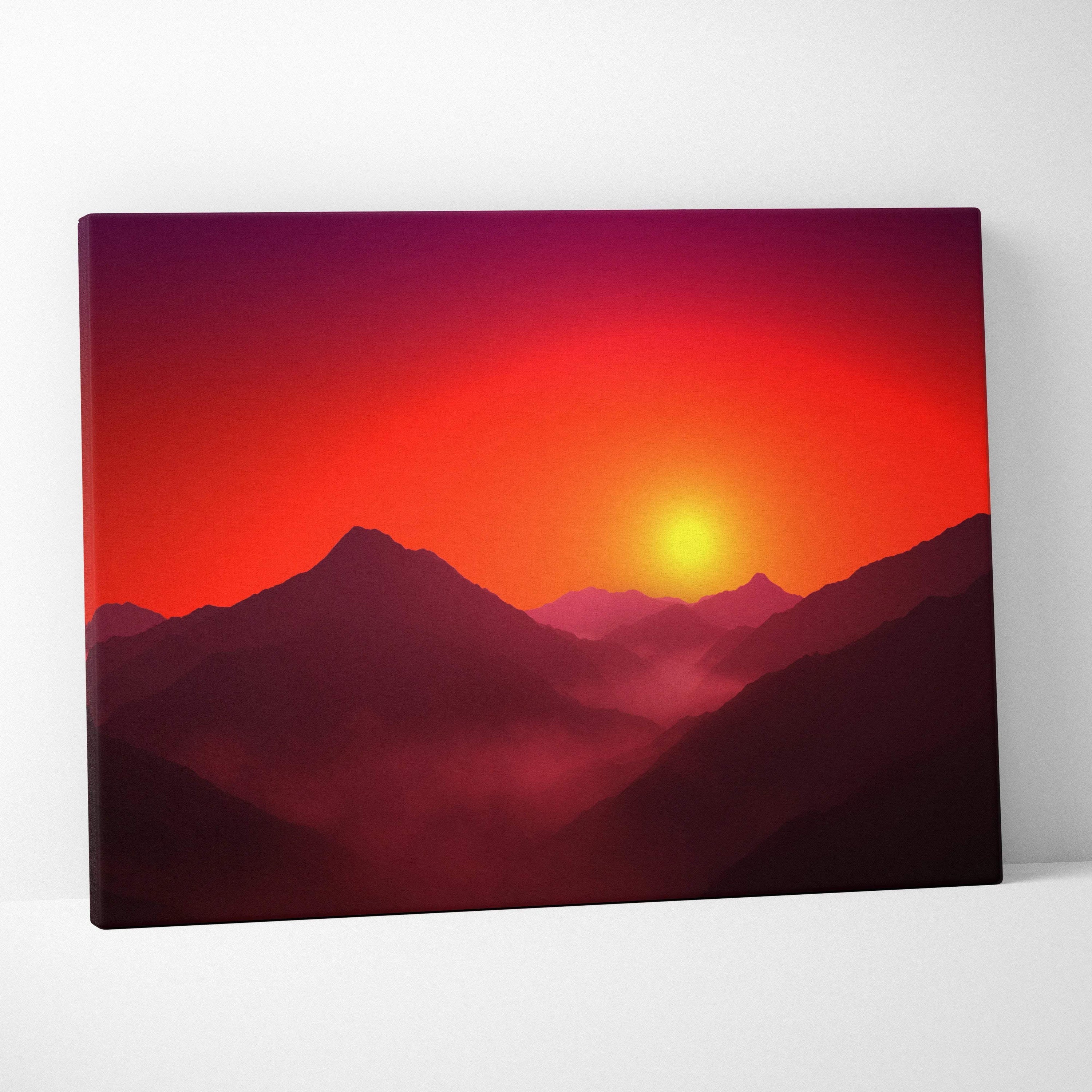 Minimalist sunrise mountain canvas print with fiery red orange silhouettes